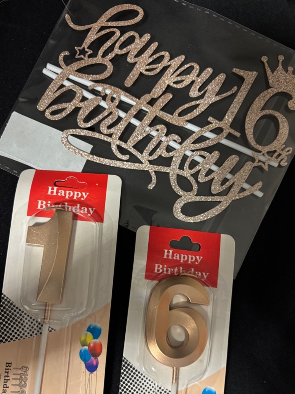 Rose gold  "Happy 16th Birthday" Cake Topper and Number Candles